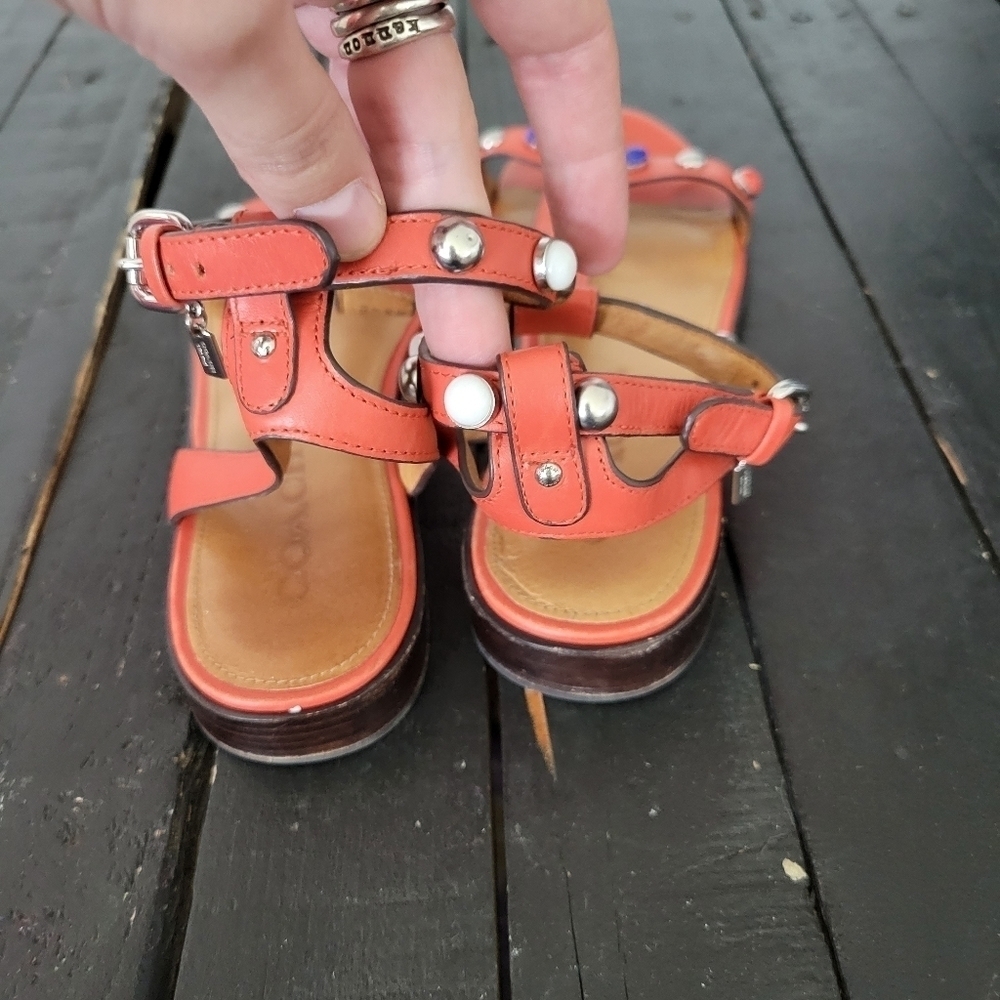 Coach Sadie Coral Orange Leather Sandals Women's 8.5 Studded Colorful - Picture 3 of 7